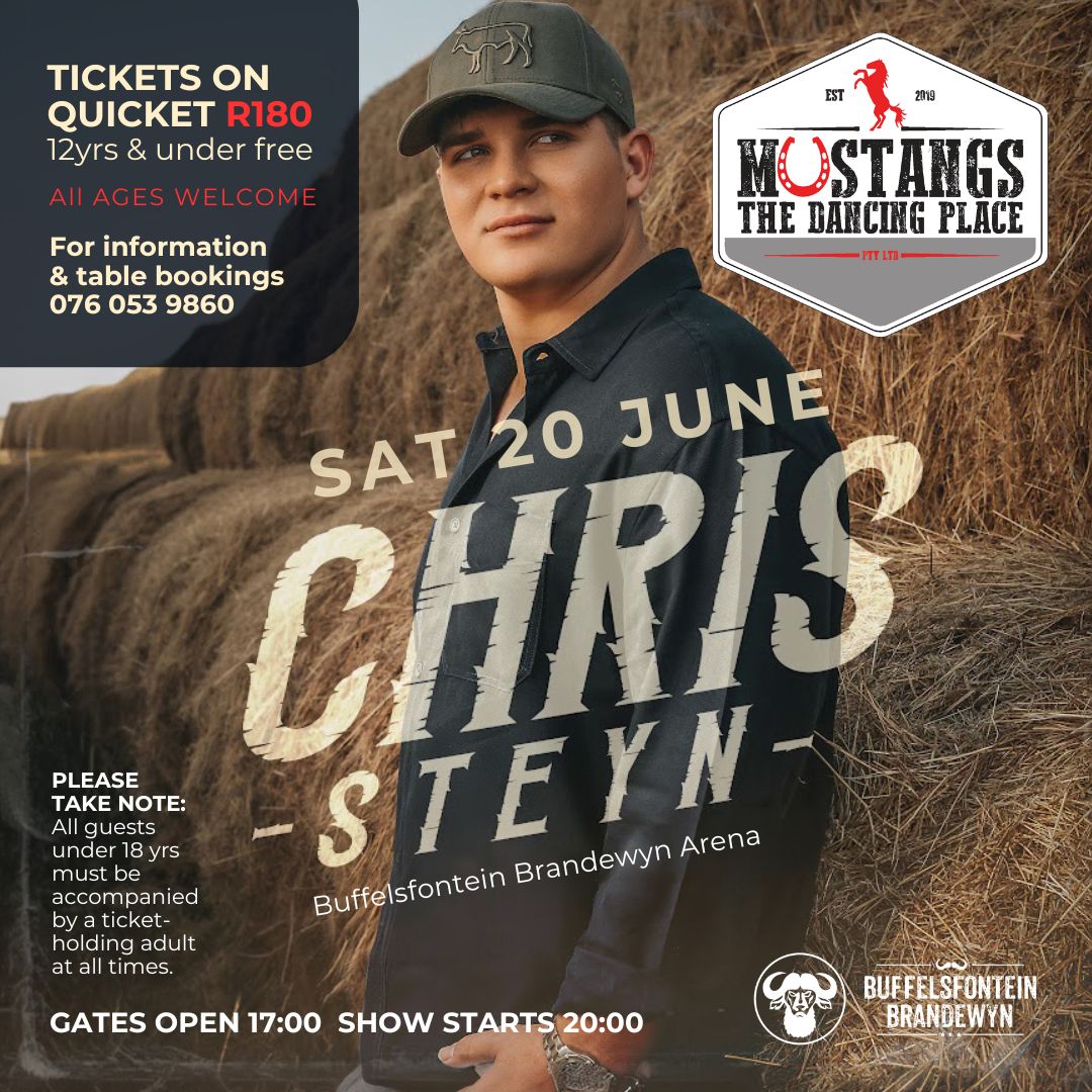 Chris Steyn is on his way for a LIVE performance on the Buffelsfontein Brandewyn Arena at Mustangs, Nelspruit